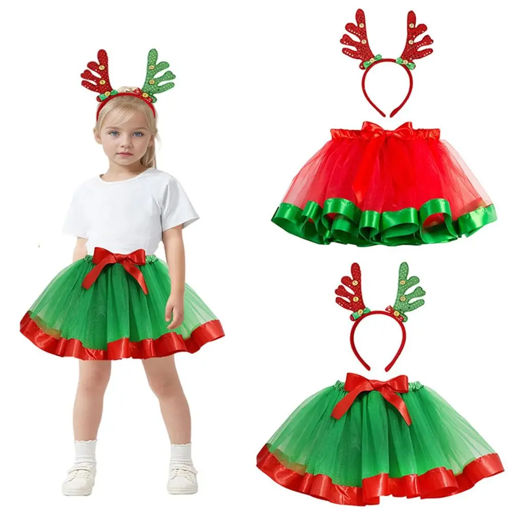 With Antler Headband Christmas TUTU Skirt Set for 2-Piece Set Mesh Christmas Party Performance Outfit Girls Performance Outfits