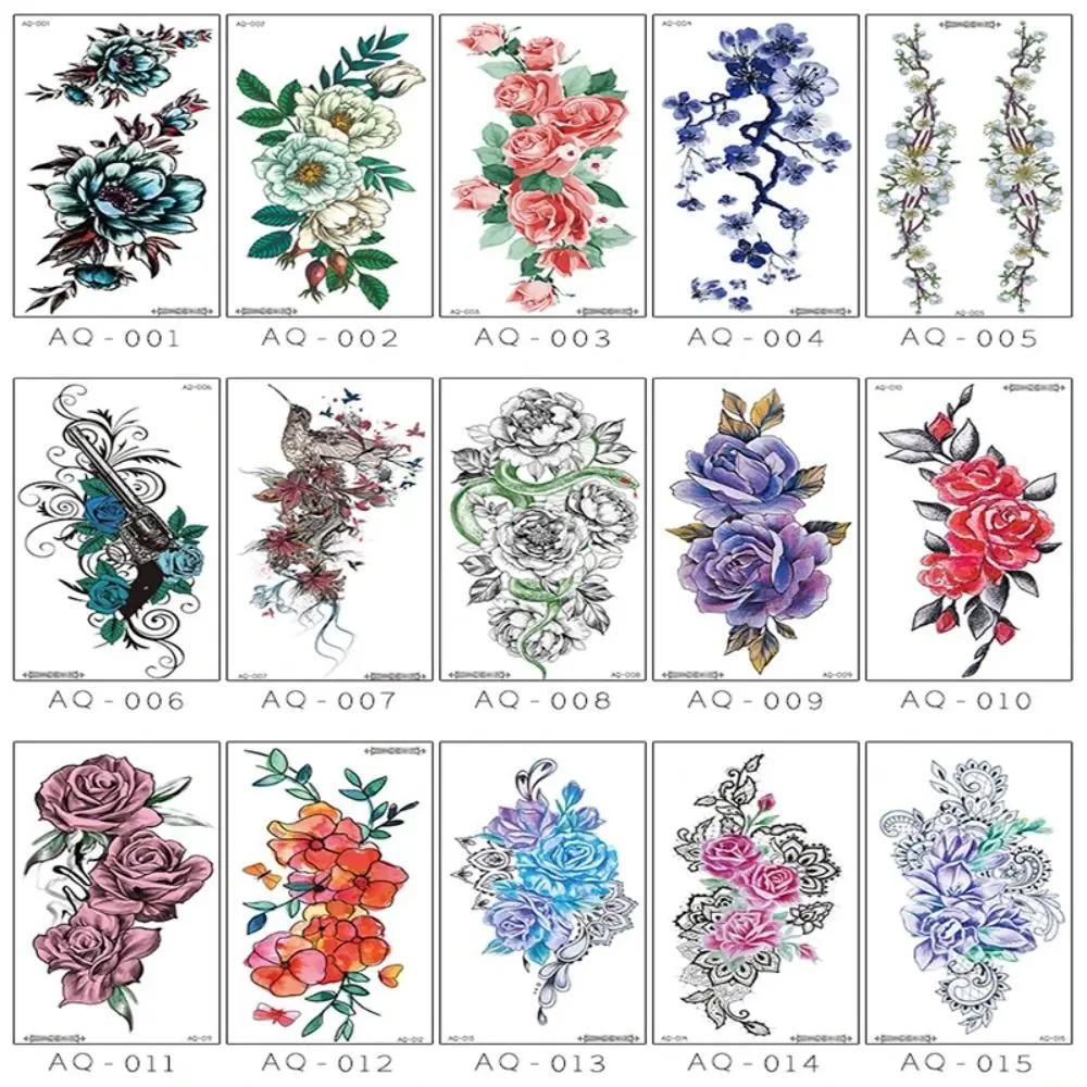 Diferentes estilos, pegatina de tatuaje de brazo Floral, rosa colorida, mariposa, brazo, flor, estaño, palo de tatuaje, flor de boceto temporal