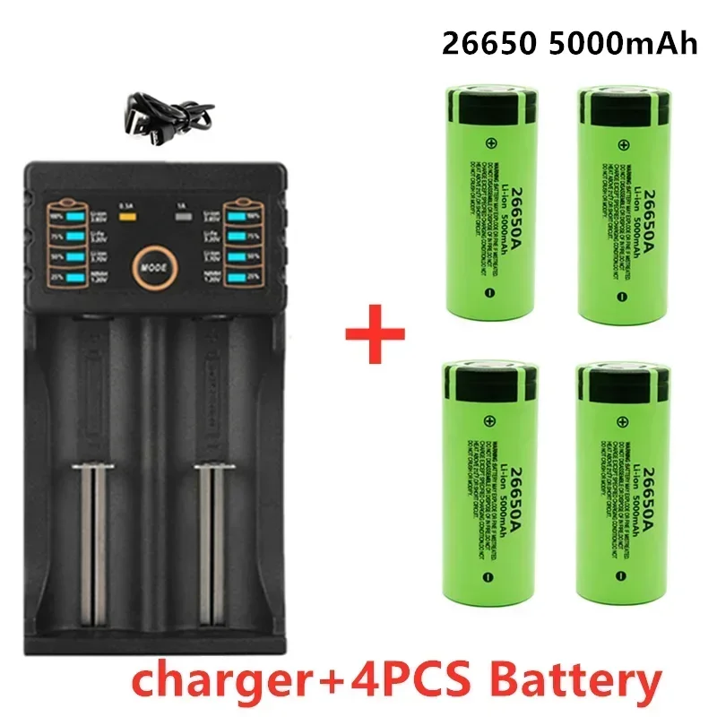 New Original high quality 26650 battery 5000mAh 3.7V 50A lithium ion rechargeable  for 26650A LED flashlight+charger