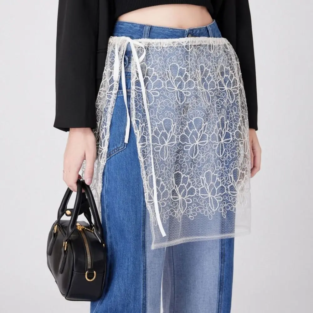 

Прозрачная многослойная юбка из тюля с вышивкой цветами и кружевом в стиле Харадзюку, Y2K, уличная мода, с завязками на талии