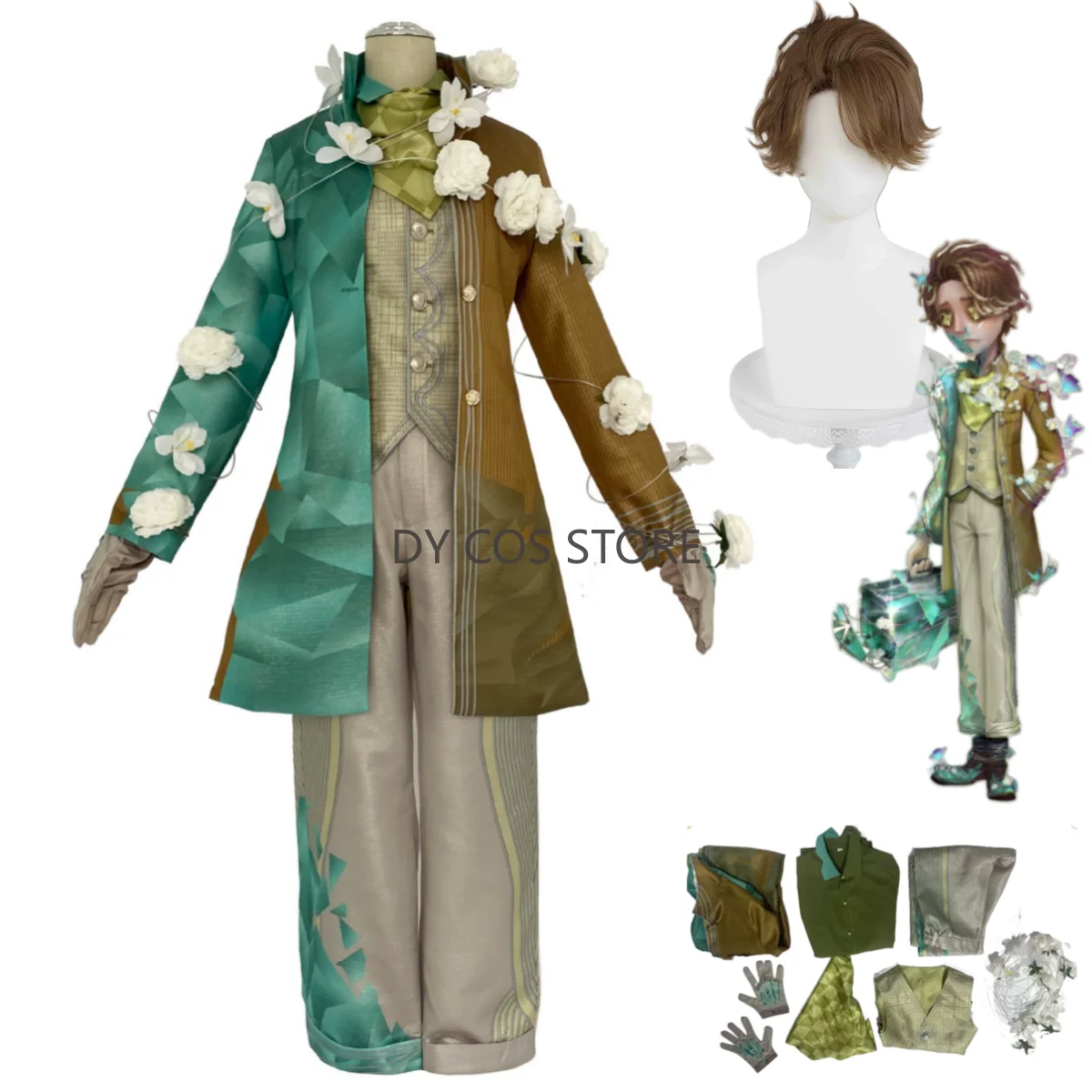 

Anime Game Aesop Carl Embalmer Cosplay Costume Funeral Director Green Montage Coat Uniform Wig Man Halloween Carnival Suit