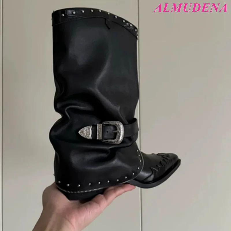 Women's Western Studded Low Heel Leather Short Boots Black Soft Buckled Cool Chunky Heels Booties Luxury Designer Causal Shoes