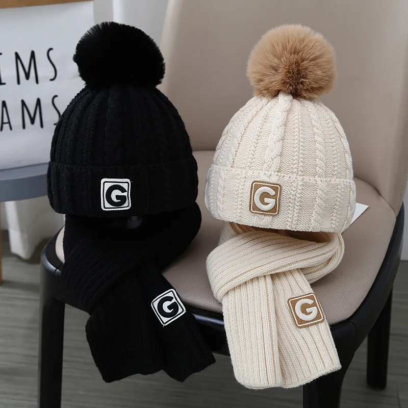 Winter Baby Pompom Hat with Scarf  Set Kids Knitted Cap for Girls Boys Winter Children Thicken Solid Letter G Warm Hats 2-8Years