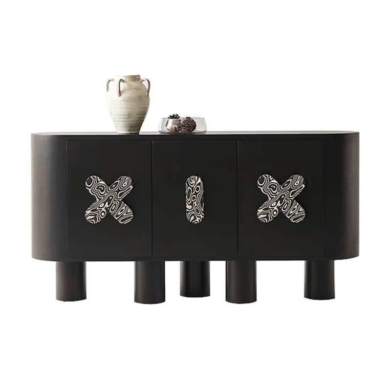 Средневековый черный обеденный боковой шкаф из цельного дерева, домашний входной шкаф в стиле ретро