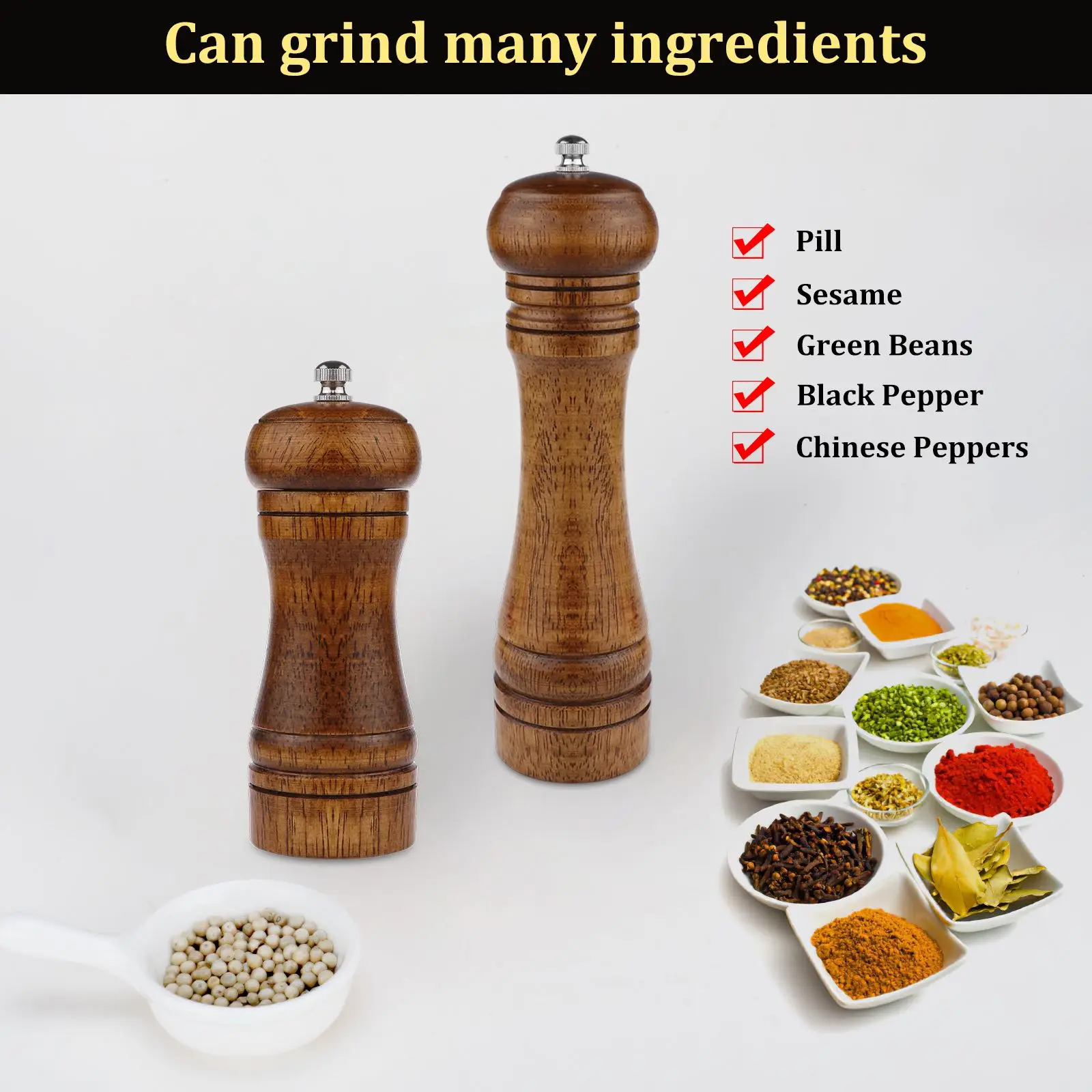 Manual Pepper Grinder Adjustable Oak Wood Salt And Peppers Mill Multi-Purpose Cruet 5 Inch Kitchen Tool With Ceramic Grinder