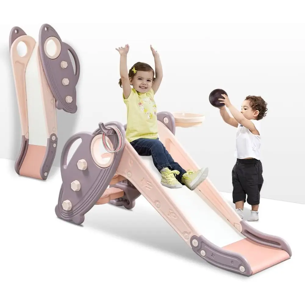 

Indoor-Outdoor Toddler Plastic Slide with Basketball and Ring Game for Ages 1-3 in Pink