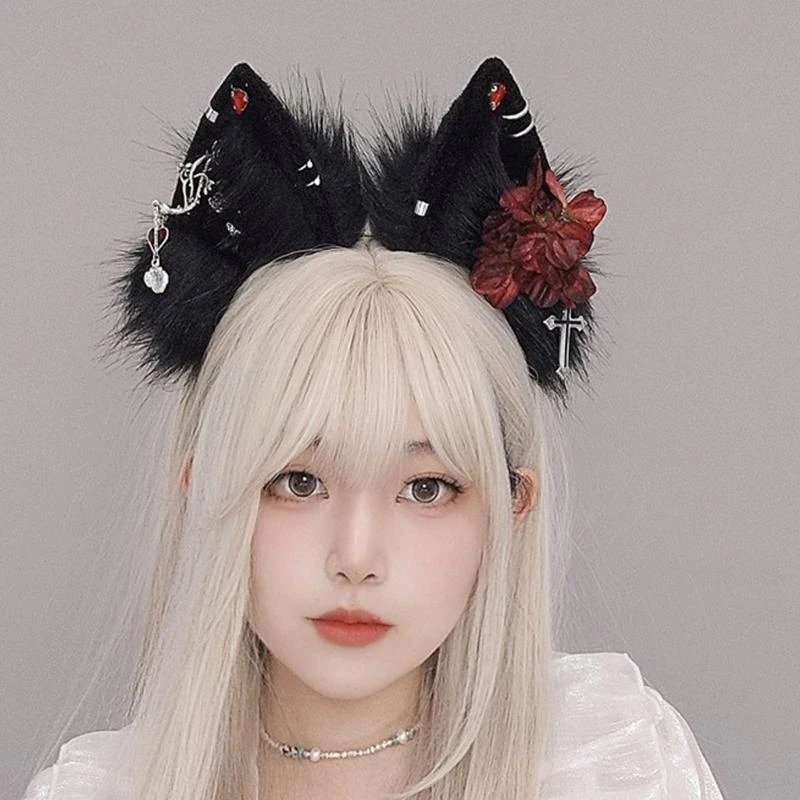 49MF Adult Cartoon Wolf Ear Headband with Flower&Earring Halloween Hair Hoop
