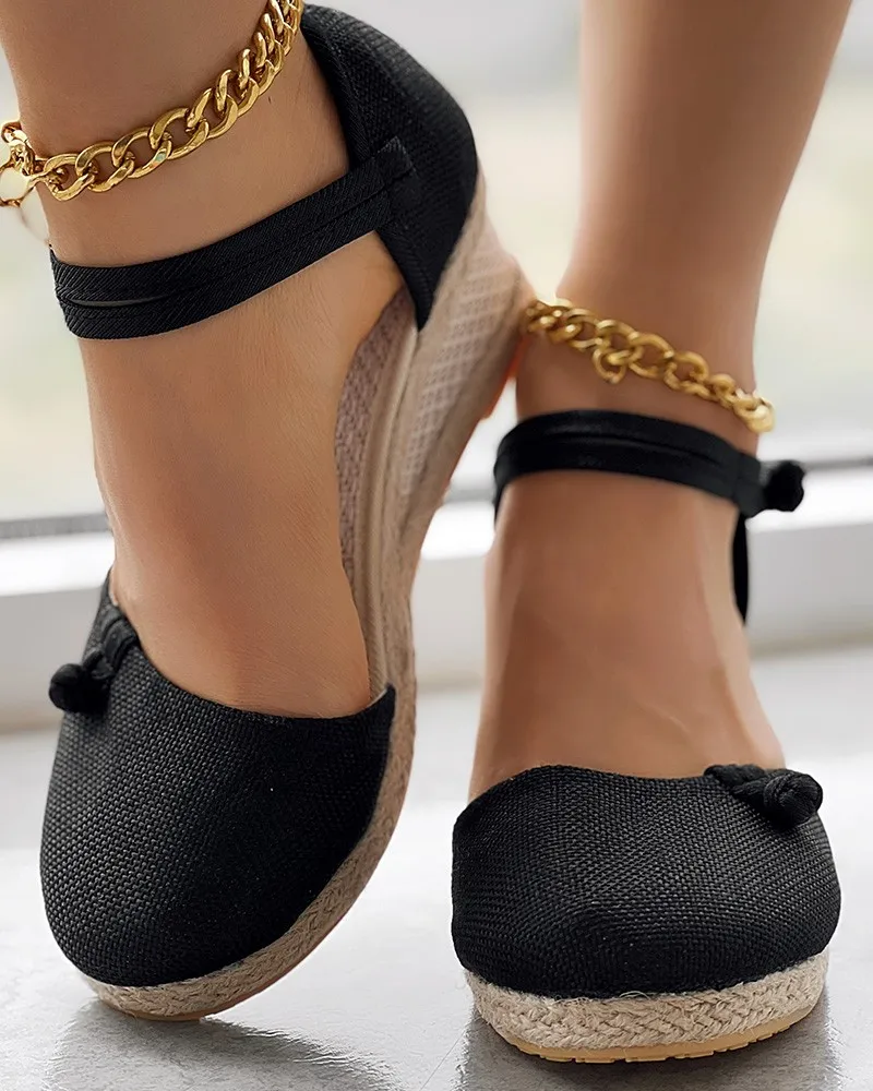 Sandalen Frauen geflochten Espa drille Knoten Knopf Knöchel riemen Keils andalen Leinen Keil Sommer 6cm Ferse Plattform Espa drilles Schuhe