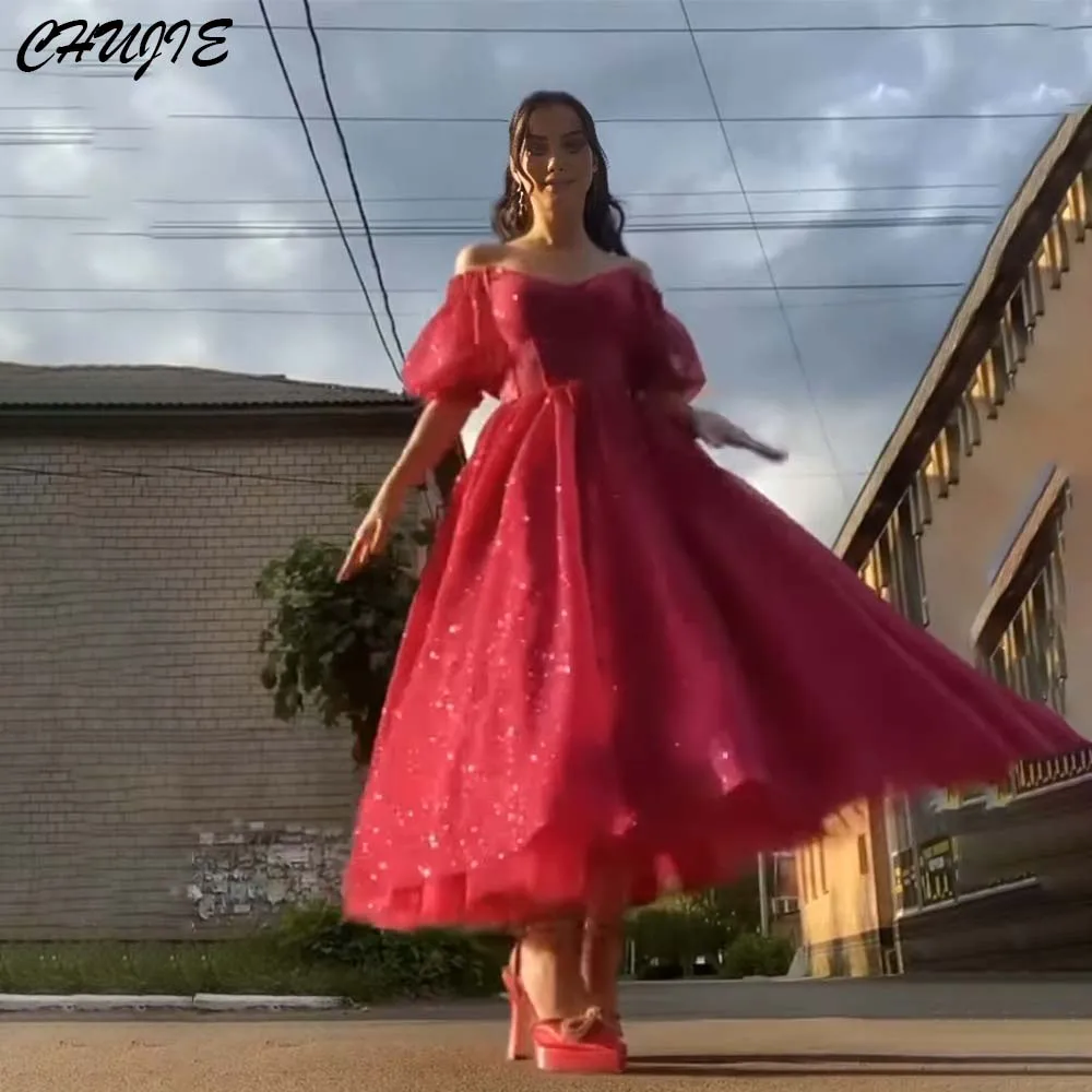 

Burgundy Glitter Off Shoulder Prom Dresses Woman A line Pleat vestidos de noche Tea Length Wedding Evening Dress 2025 Customized