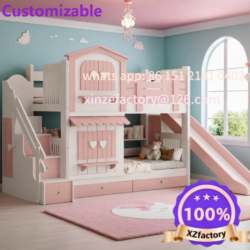 Anpassbares Mädchen-Etagenbett, zweilagig, rosa Prinzessin, Windschloss, Bett, Rutsche, Etagenbett, multifunktional
