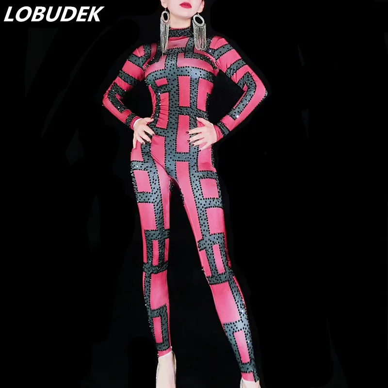 

3D Bandage Printed Wine Red Crystals Jumpsuit Tight-fitting Stage Costume Women Singer Party Birthday Celebration Dance Outfits