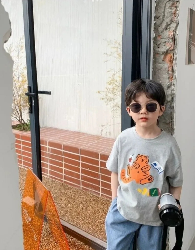 100% Cotton Boys' Tiger Print Short Sleeve T-Shirt Round Neck Base Layer Baby Toddler Summer Trendy 2026 New Style
