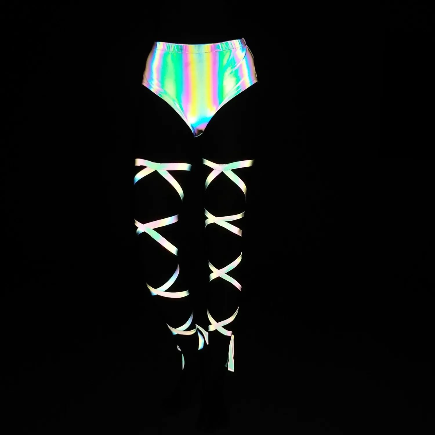 Gothic Punk Cross Bandage Accessories Reflective Leg Wrap Carnival Women Costumes Party Holographic Pole Dance Thigh Stockings