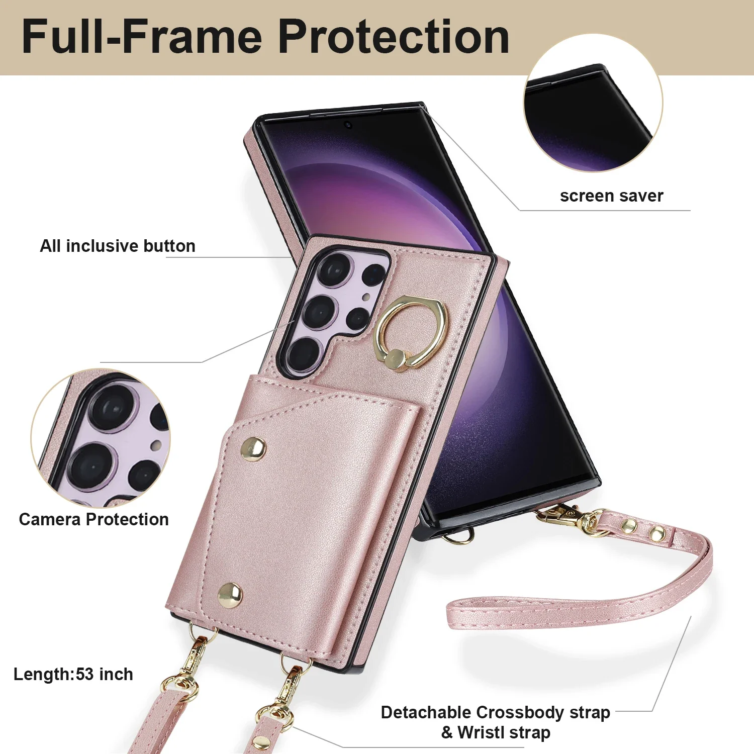 Ring Holder Crossbody Leather Wallet Case For Samsung Galaxy S23 S24 Ultra S22 Plus S21 FE A55 A15 RFID Cards Solt Lanyard Cover
