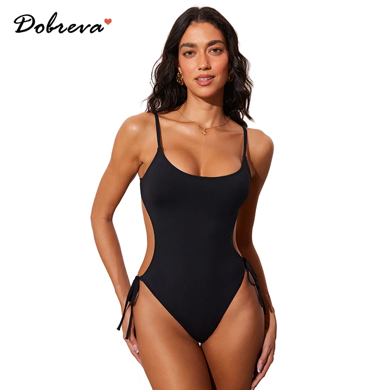 DOBREVA Women's One Piece Swimsuit Strappy Backless Bathing Suit Cut Out Lined Scoop Neck Adjustable Straps Swimwear