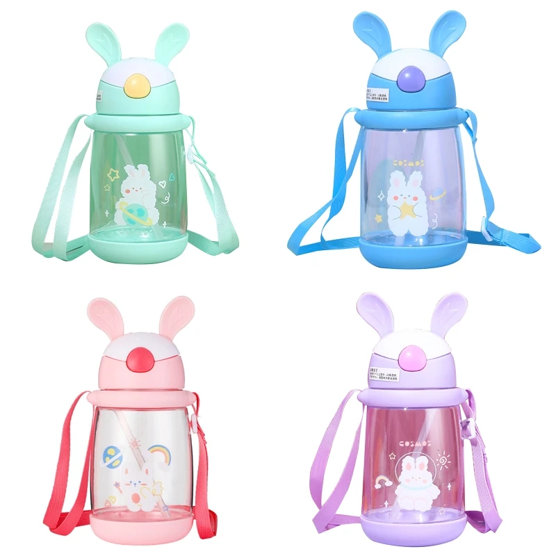 dwan Kids Children School Drinking Water Straw Bottle Cartoon Bunny Straw Baby Cup with Shoulder Strap Water Bottle