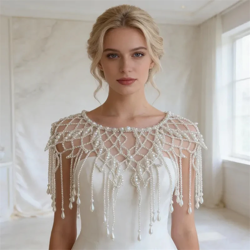 Brautschal mit Perlenbesatz, handgefertigter Quastenschal als Schulterüberzug für Braut, Abendgarderobe, Hochzeit/Brautaccessoires 2026 – Detail 1
