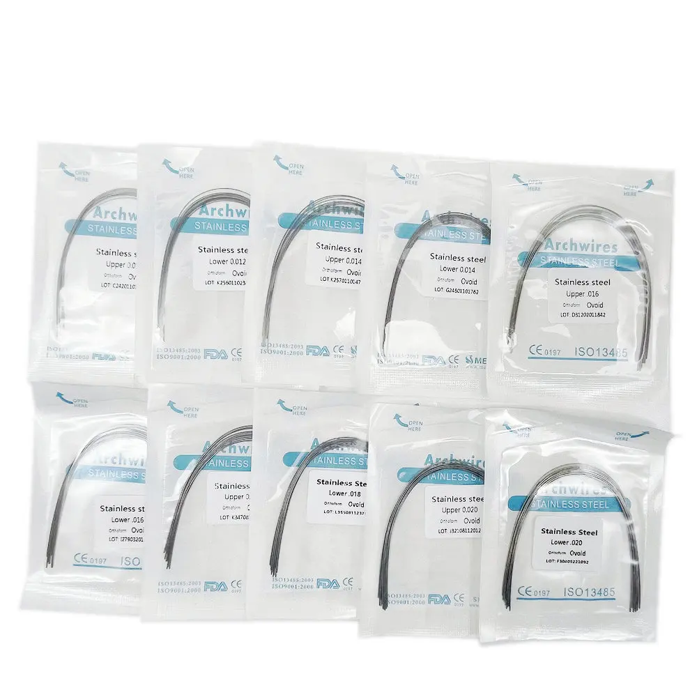 100 pces/10 pacote dental ortodôntico retangular de aço inoxidável/redondo arco fios dentista material ortodôntico dental produto