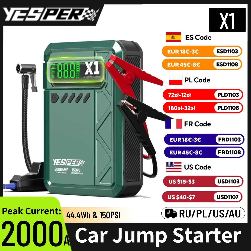 Jump Starter Cable 2000A - YESPER X1 2000A Jump Starter 12000mAh