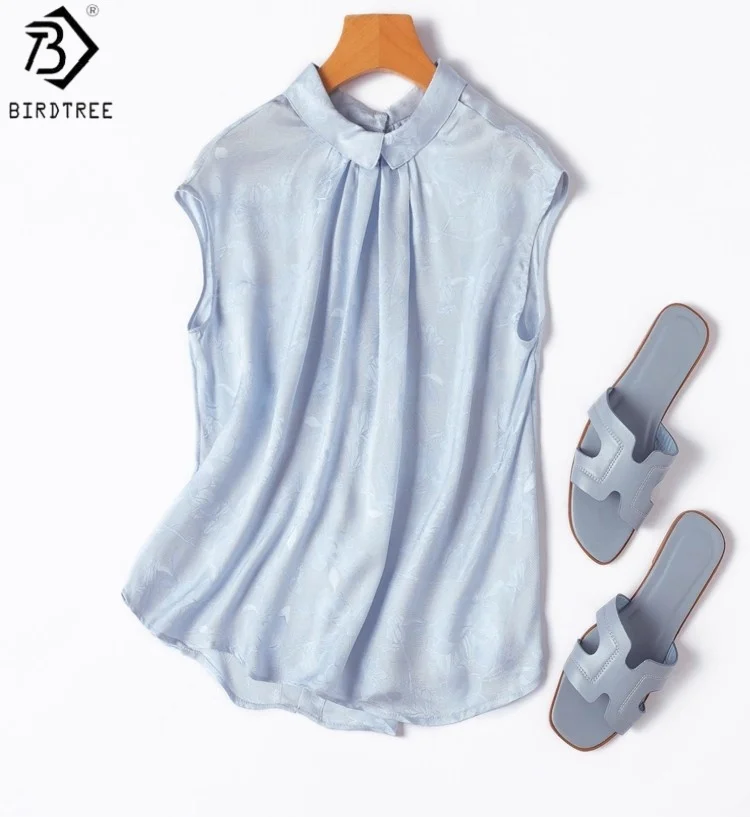 

Birdtree 100% Mulberry Silk Breathable Shirt,Women Quan Kongluo Sleeveless Lapel Light Blue Blouse Tops,2025 New T58324JF