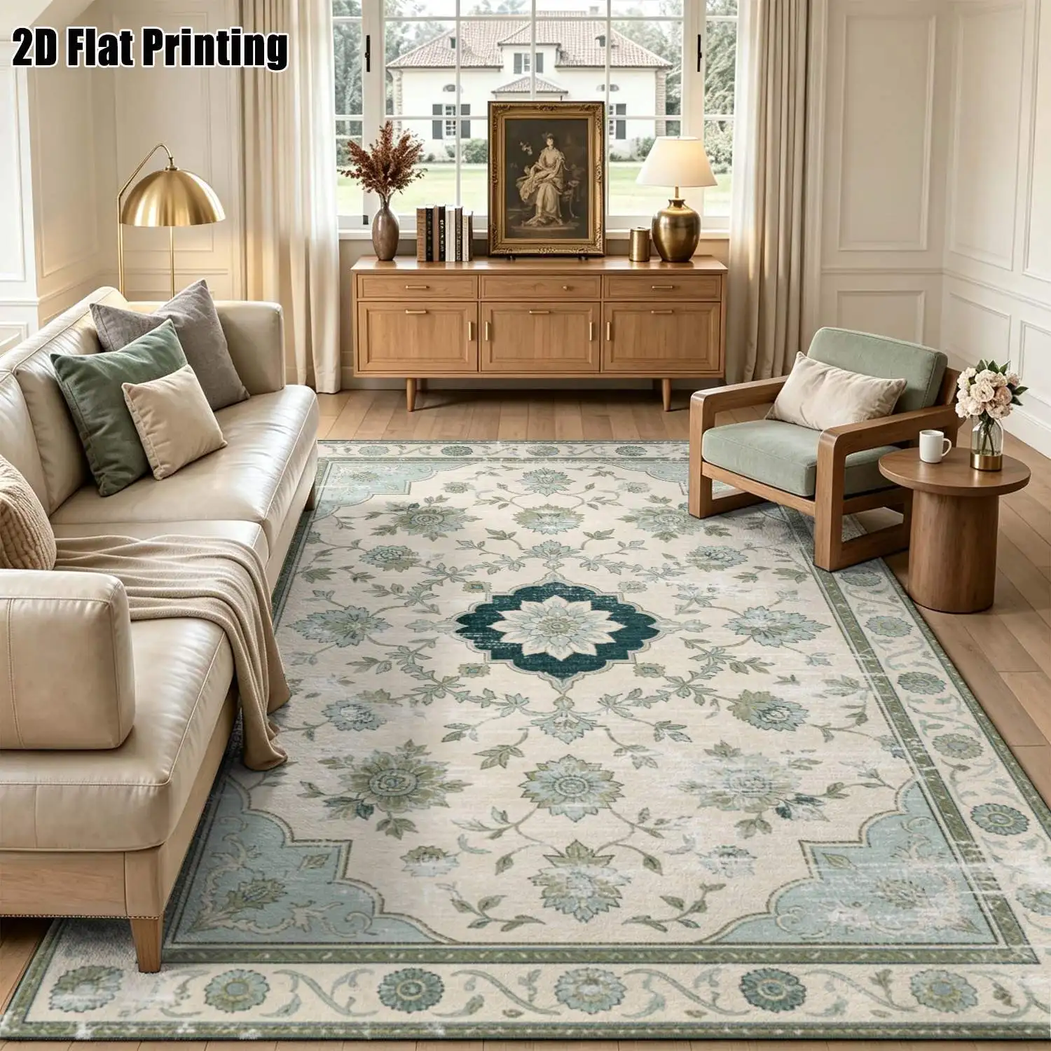 1Pc 2D Printed Carpet: Beige, Blue Green Floral, Vintage European, Bohemian, Geometric Striped, Modern Simple Styles Home Decor, Multi-Size, Machine Washable, for Entryway, Dining Room, Foyer, Bedroom, Living Room.