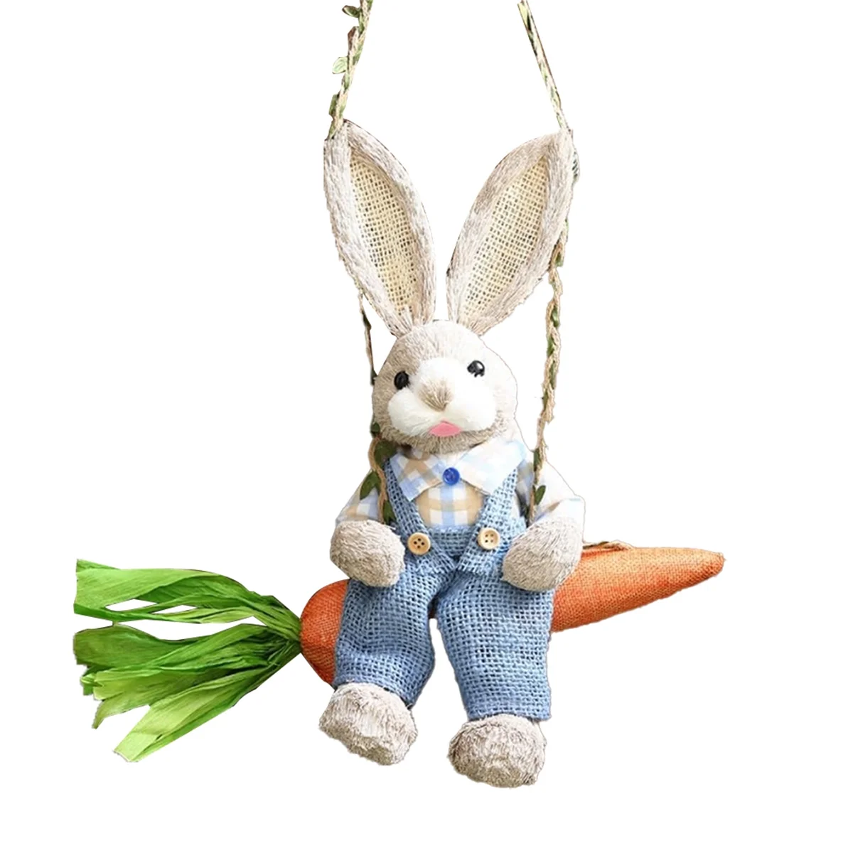 N87R Easter Straw Bunny Figurine, Straw Rabbit on Carrot Swing, Bunny Statue Hanging Ornament for Easter Holiday Home Decor B