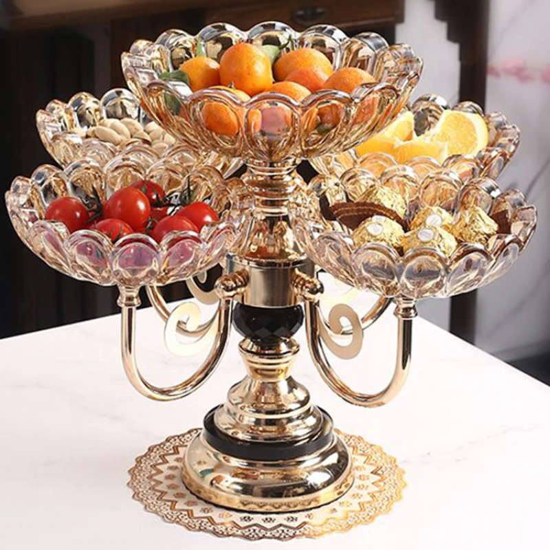 Retro Glass Lotus Fruit Plate Two Tiers Metal Assorted Snack Dish Living Room Dessert Tableware Dining Table Centerpiece Decor