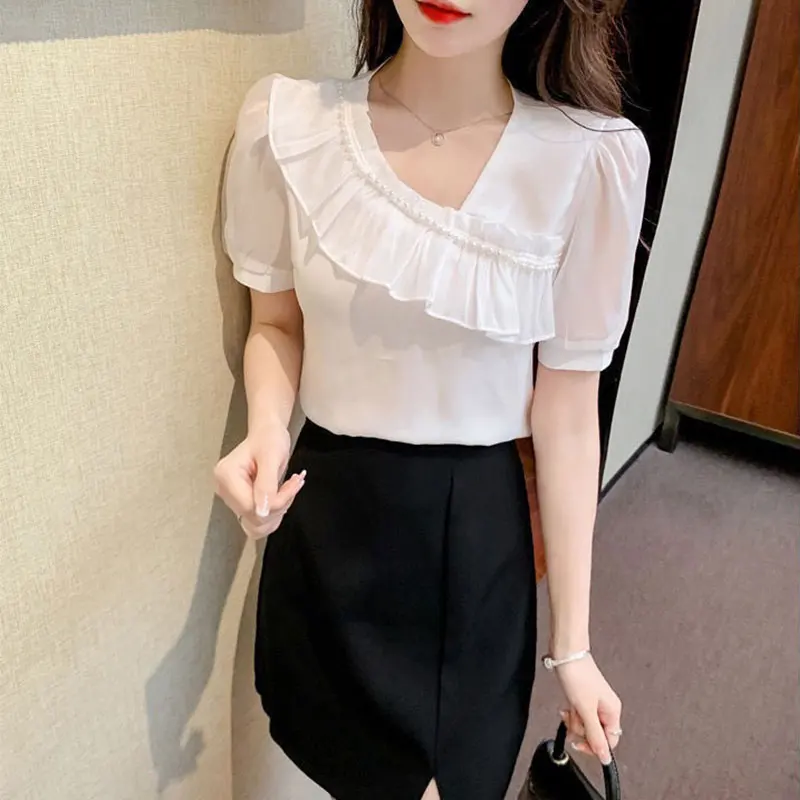 Women Clothes Summer Simplicity Solid Color Patchwork Short Sleeve Shirts Women's Fashion Elegant Temperament Casual Tops