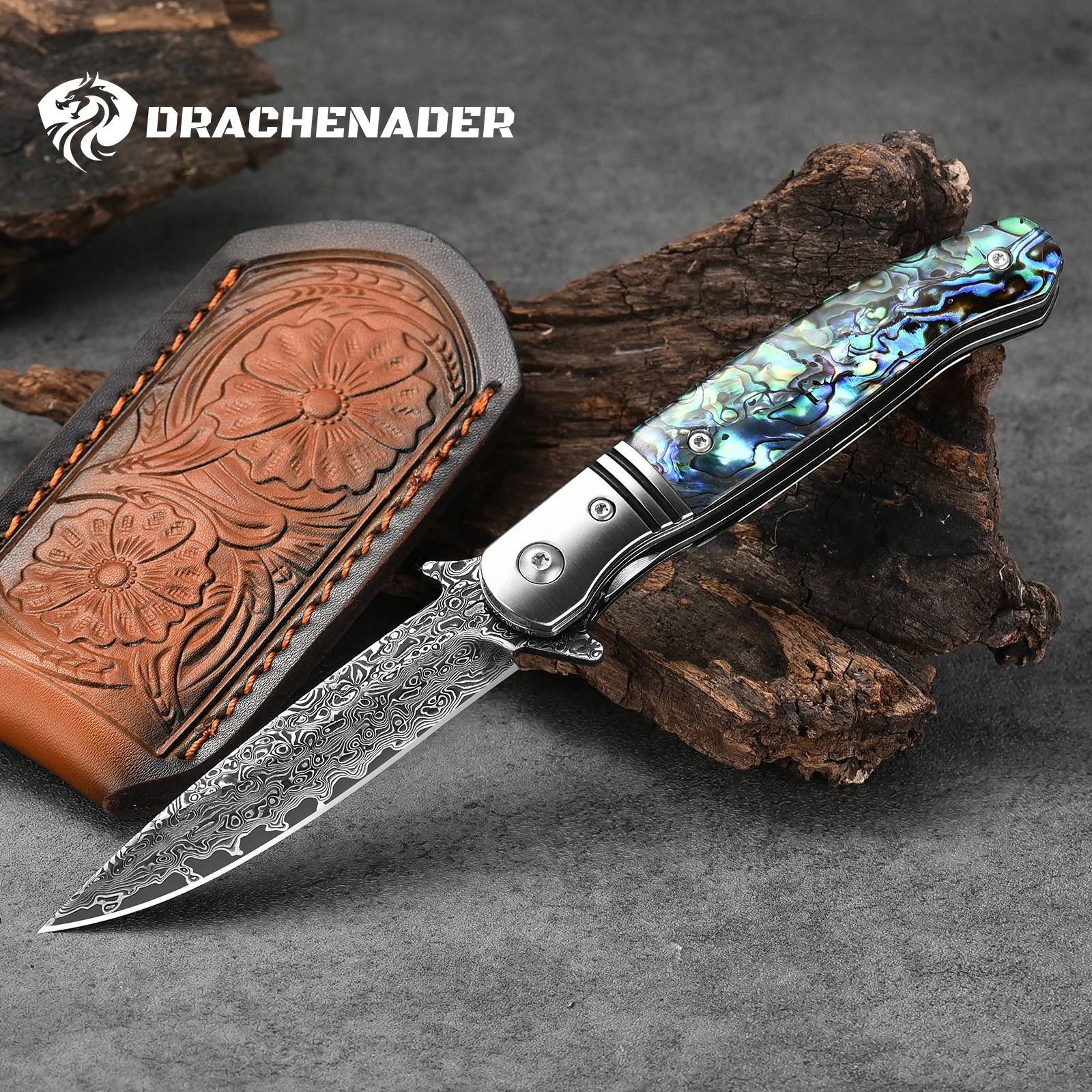 Damascus Steel 67 Layers Folding Knife Vg10 Core Pocket Knife EDC Camping Knife for Men Women with Clip and Leather Sheath