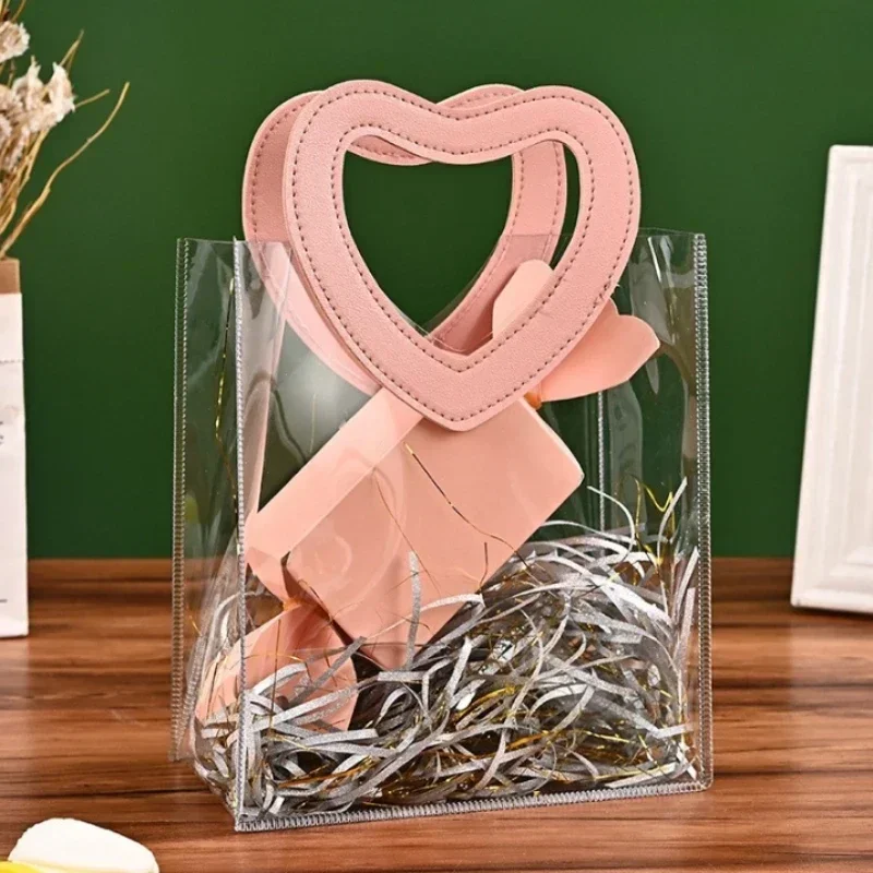 Pink Heart-shaped Transparent Birthday Gift Bag PVC Valentine's Day High-end Flower Packaging Handheld Wedding Party Storage Bag