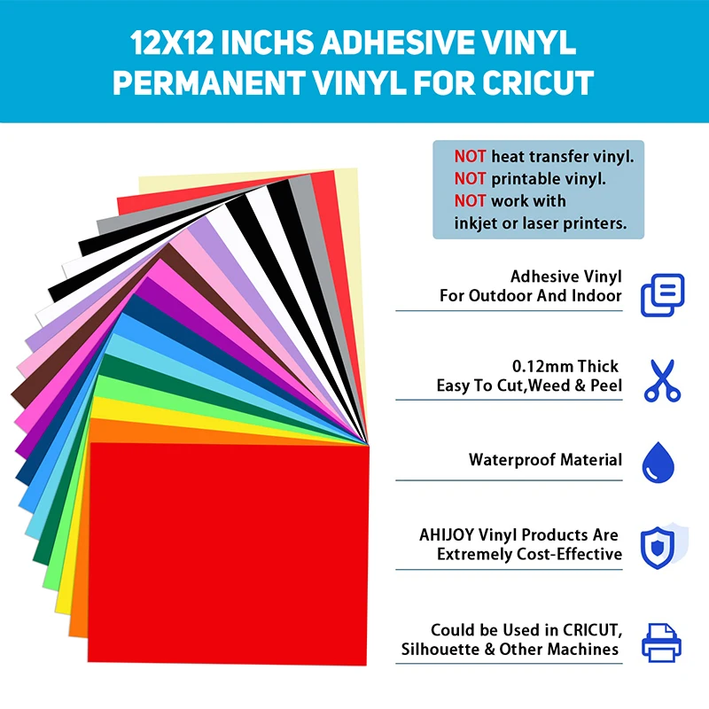 12*12inch Adhesive Vinyl, 20pcs Permanent Vinyl For Cricut Machine, For Signs, Scrapbooking, Car Decal, Craft Cutters