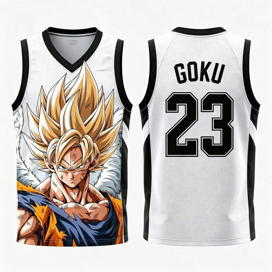 Dragon Ball Goku Super Saiyan Nr. 23 Basketball-Trikot für Herren, 3D-Druck, Sport-Tanktop, weiß-goldener Farbverlauf, Anime-Streetwear. – Detail 3
