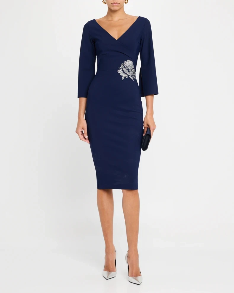 

Customized Casual Jersey Applique Sequined Straight V-neck Knee Length Dresses Bespoke Occasion Dresses Sexy Retro Modern Style