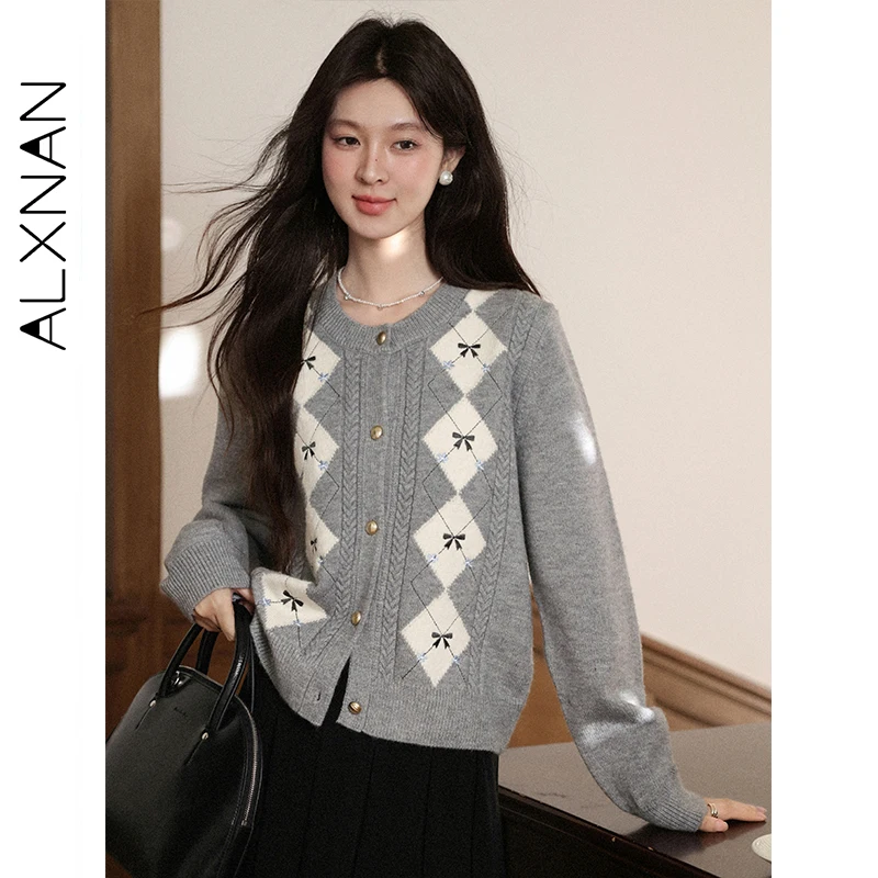 

ALXNAN Gray Sweater Autumn Round Neck Metallic Button Bow Woman's Knitted Cardigans New Gentle Elegance Knitwear Female L58322