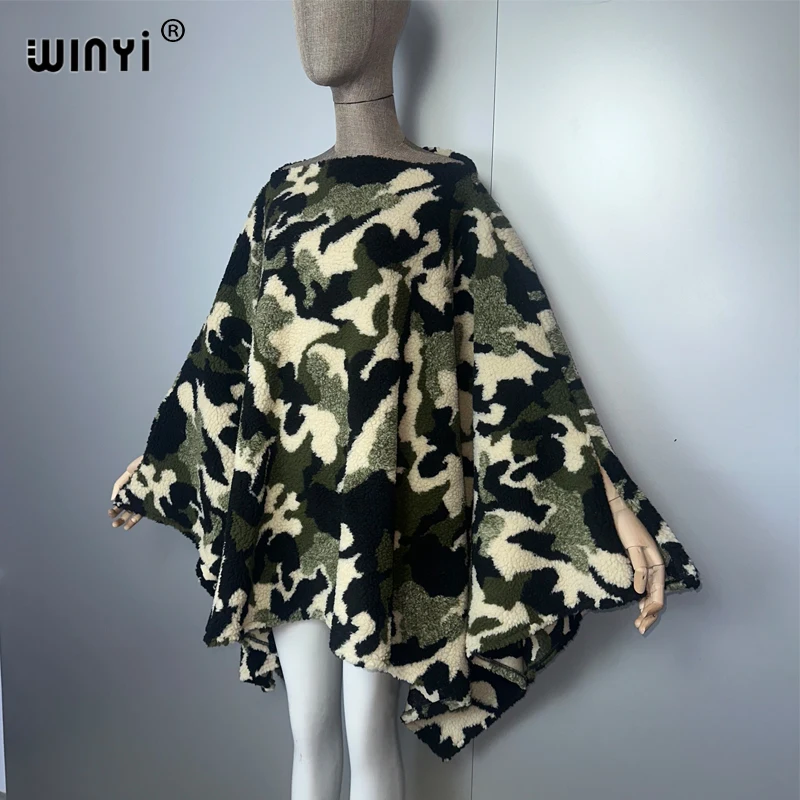 WINYI winter camouflage colour dress black fashion cape Holiday dress Elegant party winter ponchos for women Leopard print cloak