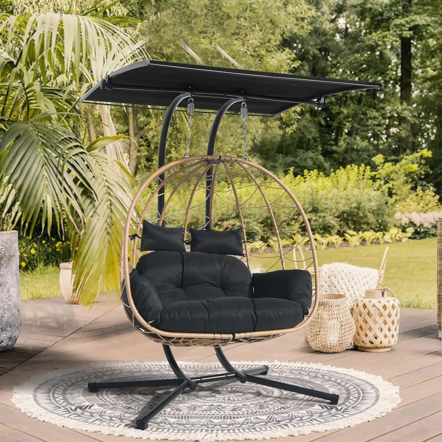 Double Egg Chair Wth Stand Hammock Swing Chair Foldable Hanging Loveseat, Outdoor Hammock Egg Chair For Patio, Bedroom, Garden