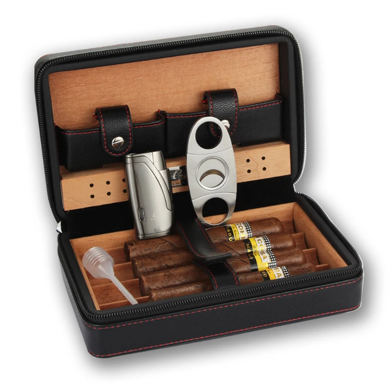 Portable Cigar Humidor Box with Cutter Lighter Travel Leather Cedar Wood Cigars Case Set