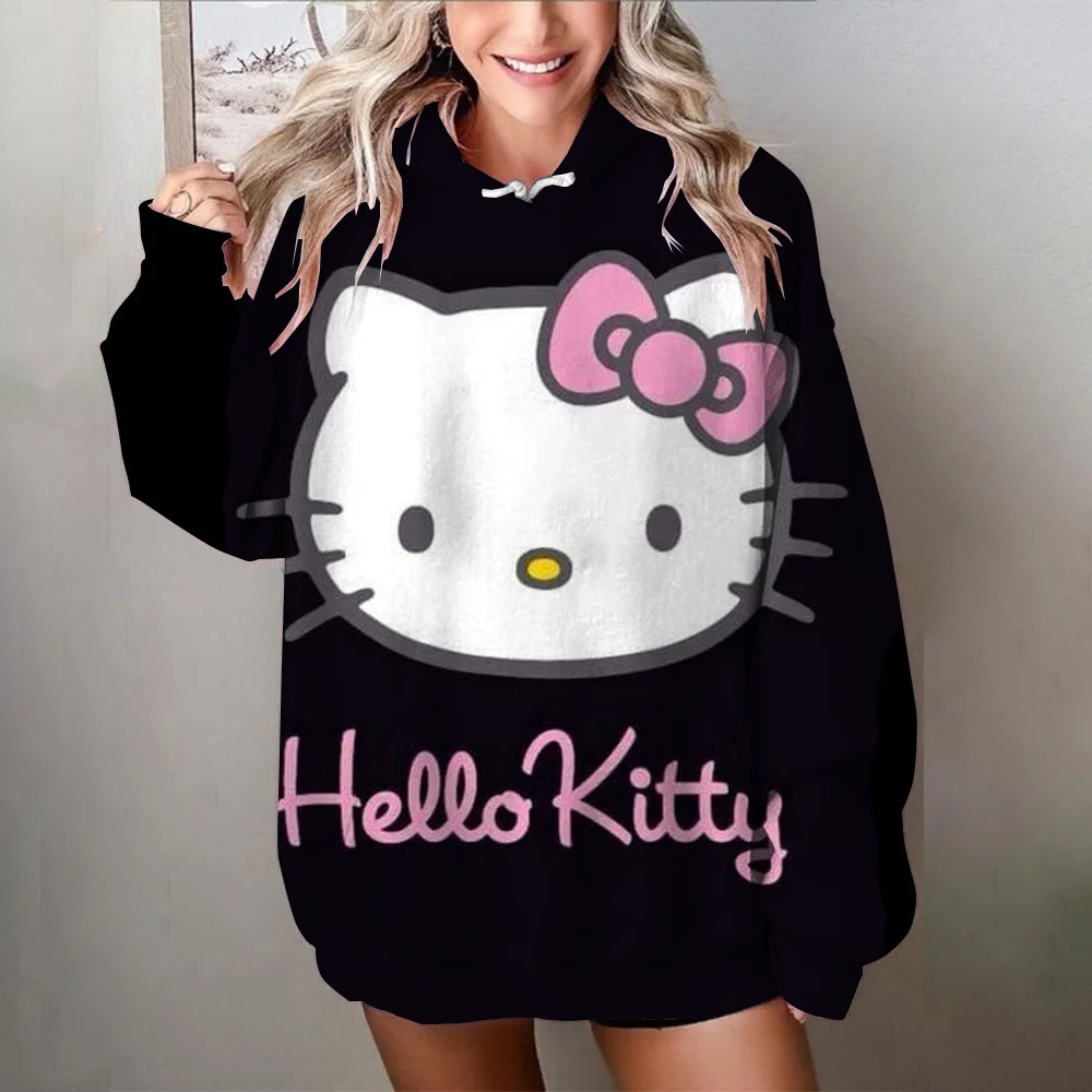 

Women Black/White Hello Kitty Series Clothing Autumn/Winter Long Sleeves Loose Oversize Pullovers Woman Cute Sweatshirts Y2k Top