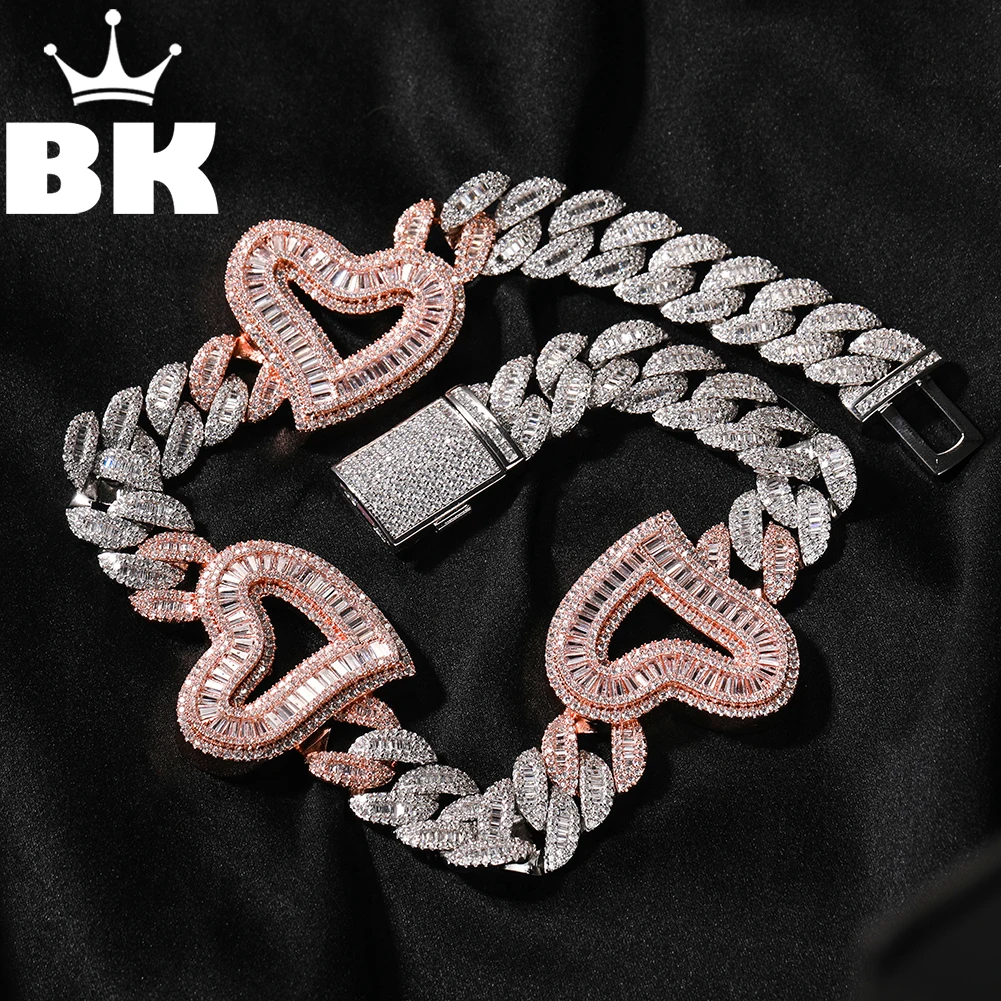 THE BLING KING Two Tone Big Hollow Heart With 16mm Cuban Chain Necklace Iced Out Baguette CZ Choker Lovely Y2K Hip Hop Jewelry