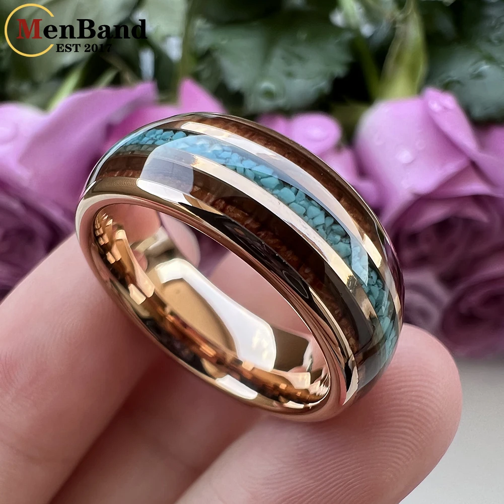 MenBand Fashion 8MM Men Women Black Tungsten Carbide Wedding Ring Crushed Turquoise And Koa Wood Inlay Domed Comfort Fit