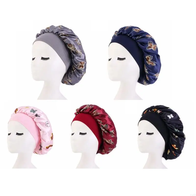 

340D for Butterfly Print Wide-brim Headband Sleep Hat Hair Wrap Turban Chemo Hat Beauty Salon Hat for Wife Mother