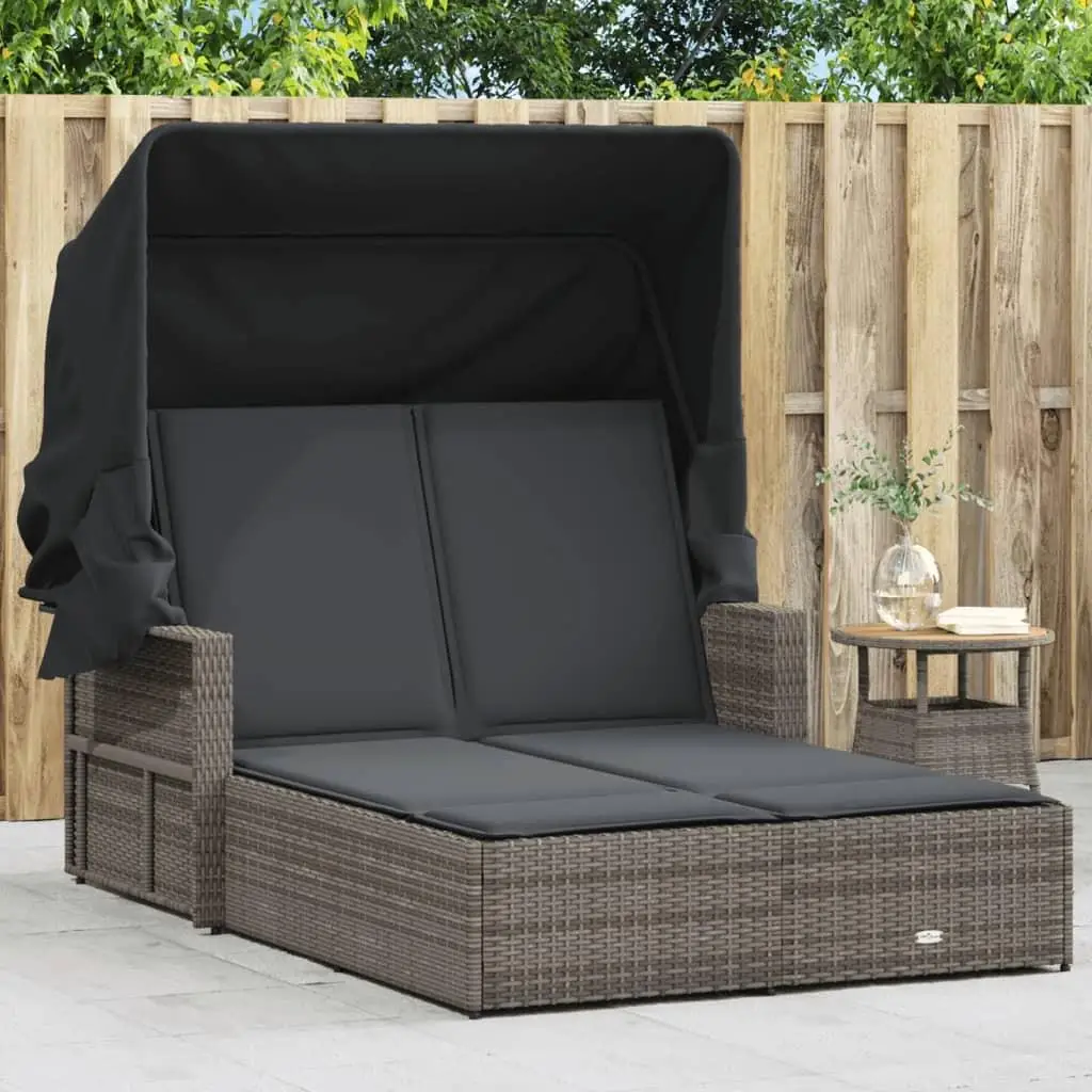 Gray Poly Rattan Double Sun Lounger with Canopy & Cushions - Perfect for Outdoor Relaxation