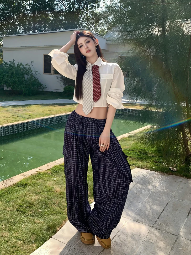 

Chic Short POIO Collar Shirt Women's Summer Low Waist Plaid Wide Leg Pants Casual Two Piece Set Breathable Cotton Spring Wear