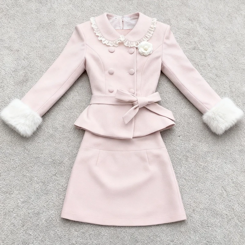 Winter Elegant Sweet Two Piece Set Women Lace Patchwork Slim Button Tops + Y2K Mini Skirt Harajuku Fashion Skirt Sets Chic New