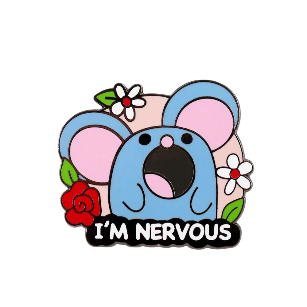 Cute cartoon mouse I'm nervous enamel brooch wildflower rose anxious afraid lapel pin