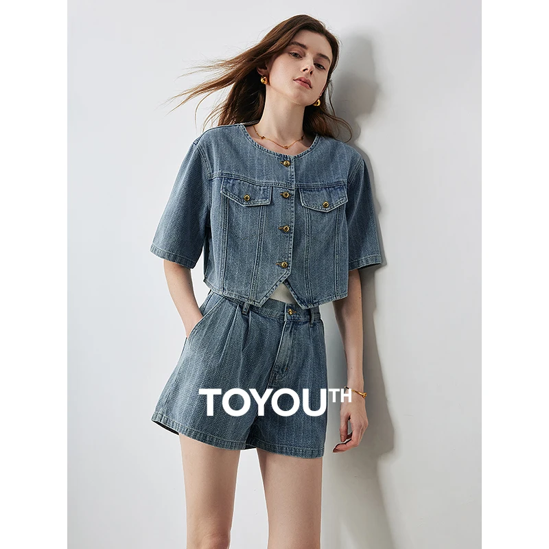 TOYOUTH Women Denim Suit 2024 Summer New Loose Top And Shorts Two-Piece Set