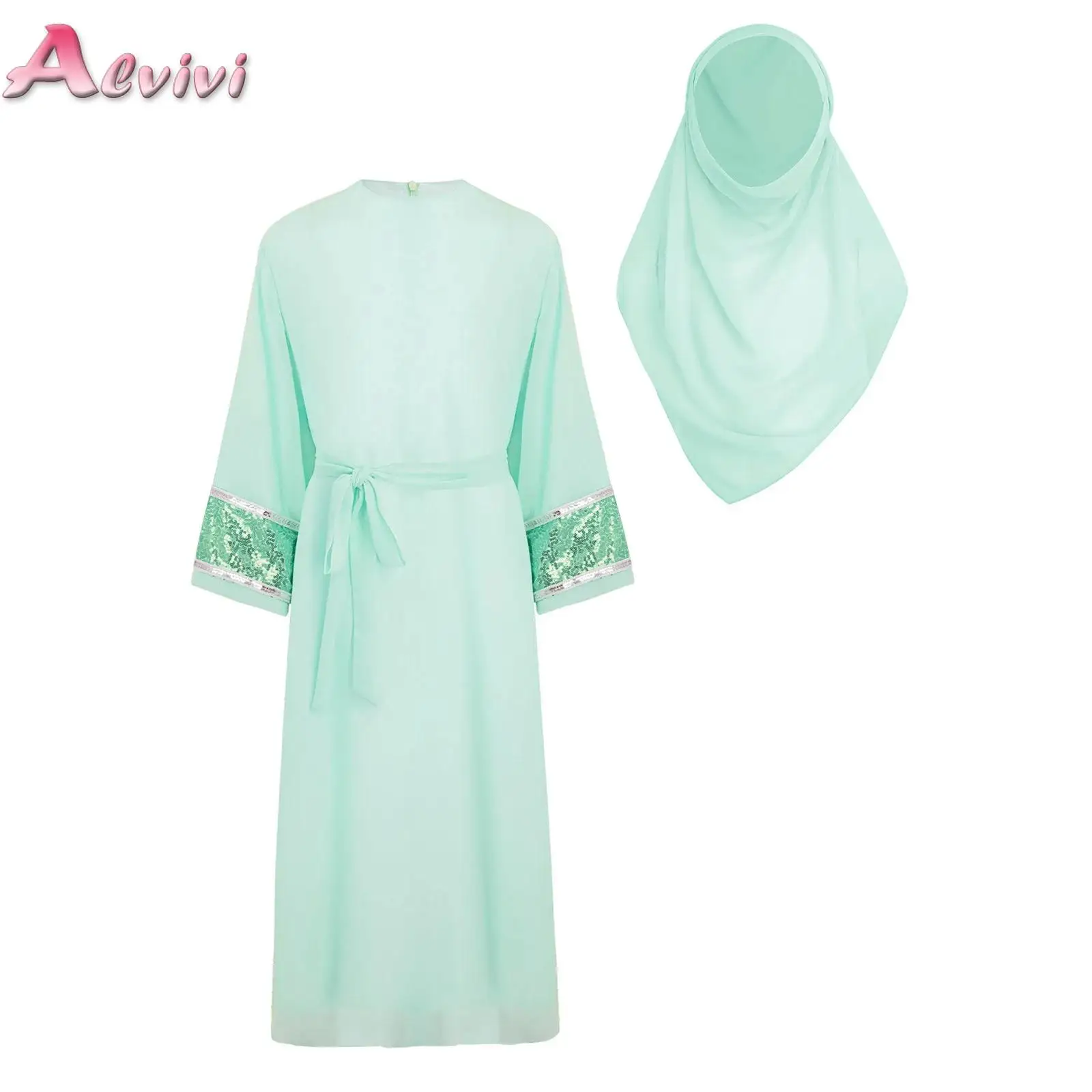 

Мусульманское платье-хиджаб для девочек, комплект с поясом и хиджабом, для Рамадана, молитвенный наряд на Ид, бурка, абайя, роба, кафтан, платье