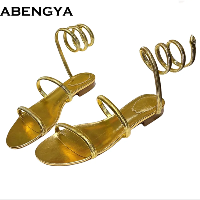 

ABENGYA Summer Gladiator Sandals Women Gold Leather Ankle Snake Party Shoes Ladies Summer Flat Sandalias Mujer Woman