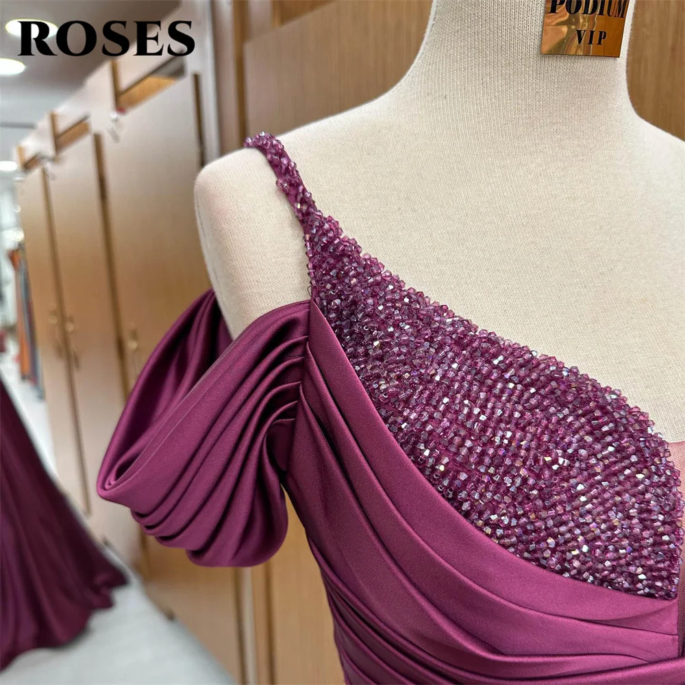 ROSES Spaghetti Strap V Neck Formal Dresses Beading Party Dress For Wedding A Line Pleat Special Occasion Dresses robe soirée