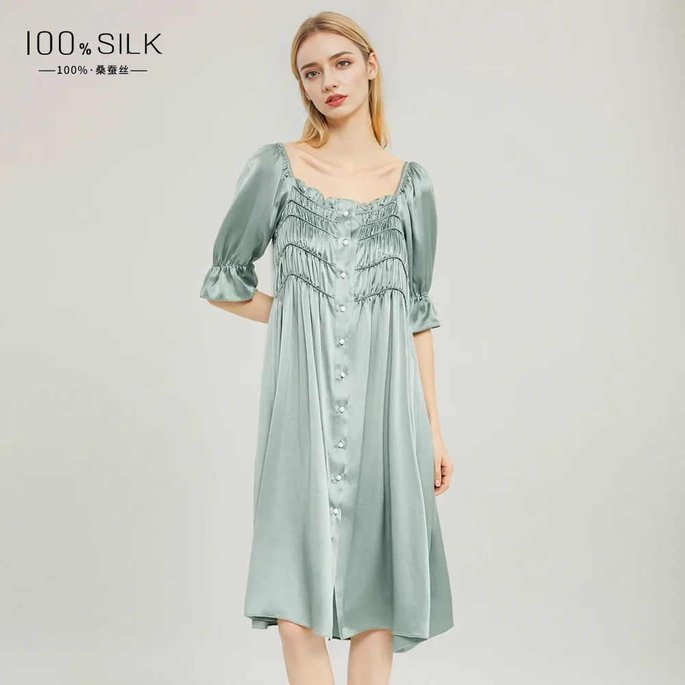 

100% Mulberry Silk Sexy Nightwear Lingerie Cardigan Silk Long Nightdress for Women Nightgowns French Retro Mid-length Home Dress